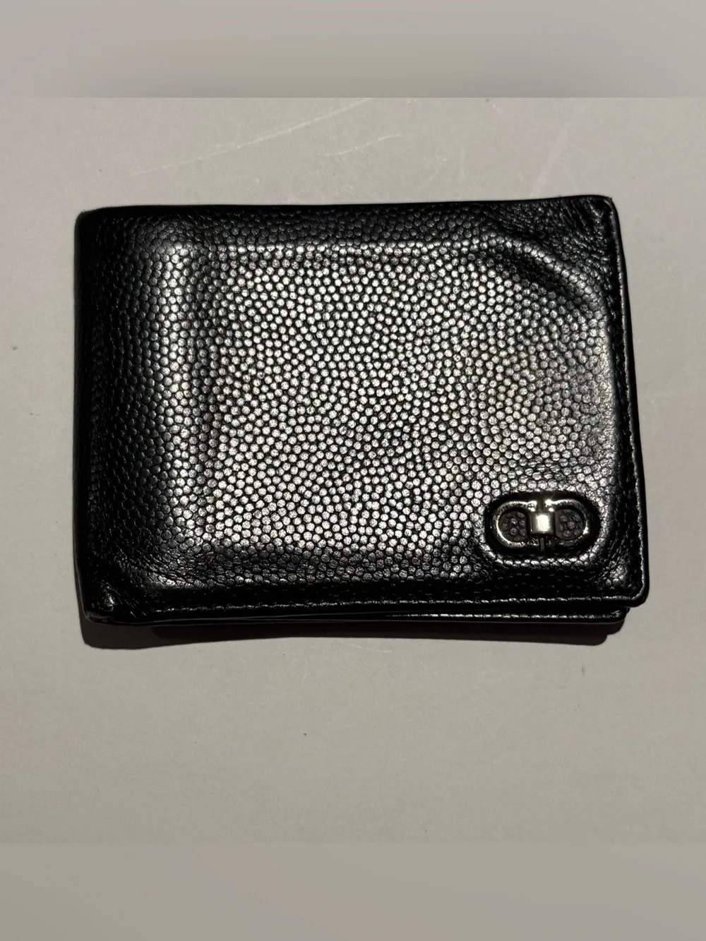 Salvatore Ferragamo Black Pebbled Leather Bi-Fold Wallet with Silver Hardware
